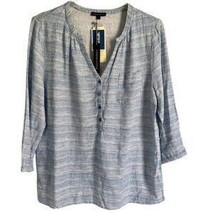 Carole Little Linen Blend Blue and White Top 3/4 Sleeves Women's Large